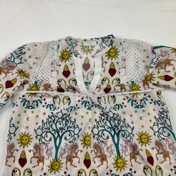 Sandro Azucar Print Blouse Chiffon Off White Cream Women’s 1 (Small) Celestial - Picture 8 of 16